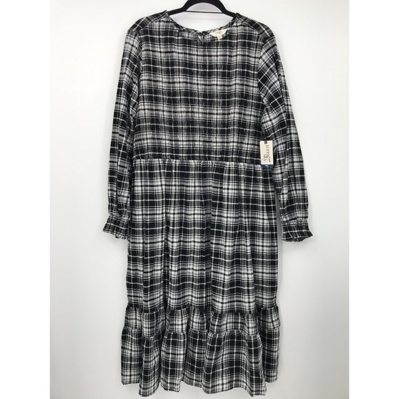 Terra & Sky Tiered Peasant Boho Smocked Midi Dress Black White Plaid 2X NEW - Picture 2 of 6